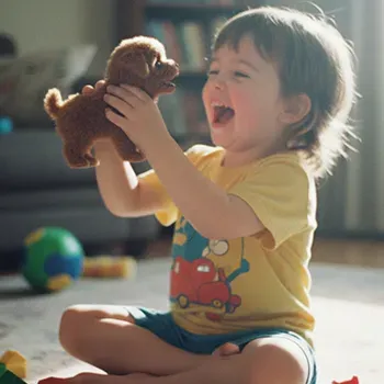 Young child sitting cross-legged on floor in sunlit living room holding warm brown plush PupBud puppy with both hands while smiling happily