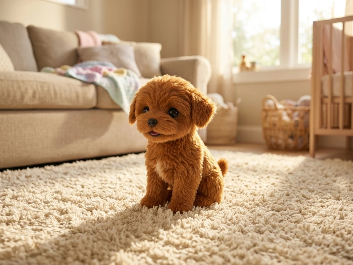 PupBud sitting naturally on a plush cream rug in a warm sunlit nursery setting