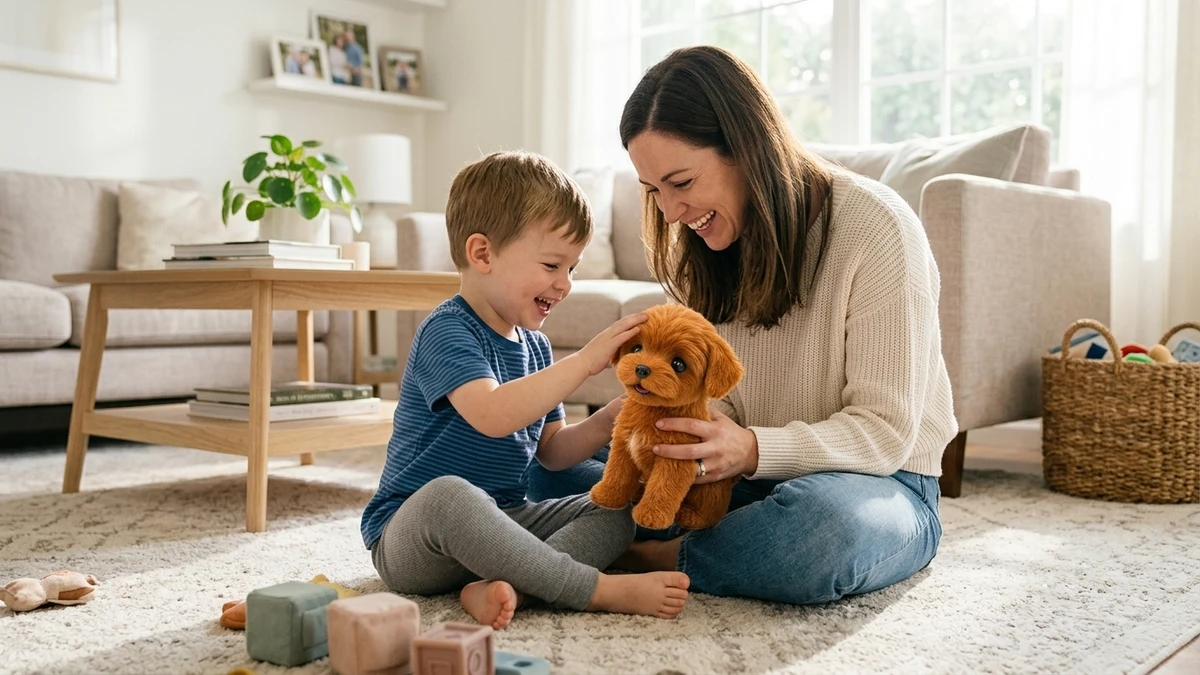 Parent and child sitting on carpet playing together with PupBud in clean living room