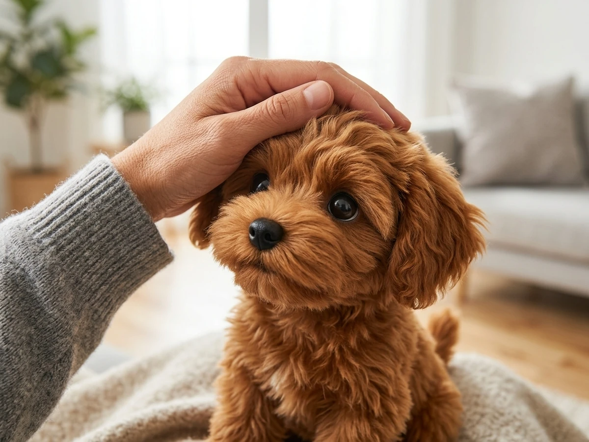 Close-up photo of human hand gently petting the soft warm brown plush fur of PupBud robot puppy