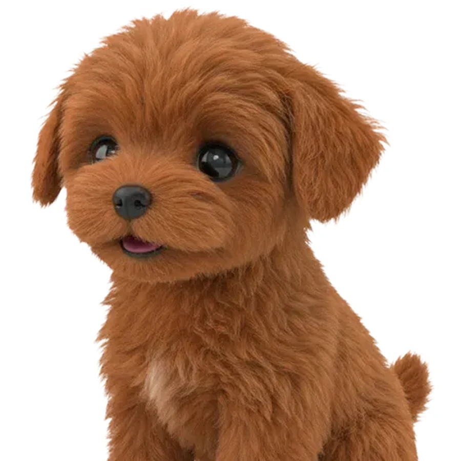 Detailed macro view highlighting PupBud shaggy caramel fur texture, floppy ears, dark eyes, black nose, tongue, and chest patch