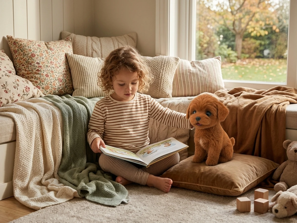 Young child reading a storybook in a cozy window nook with PupBud sitting quietly beside them